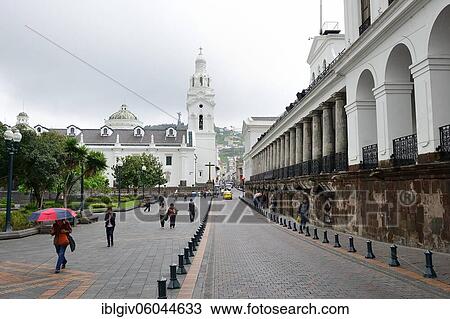 Stock Image - Seat of government Palacio de Carondelet and Catedral Metropolitana at the Plaza Central, Quito, Pichincha Province, Ecuador, South America. Fotosearch