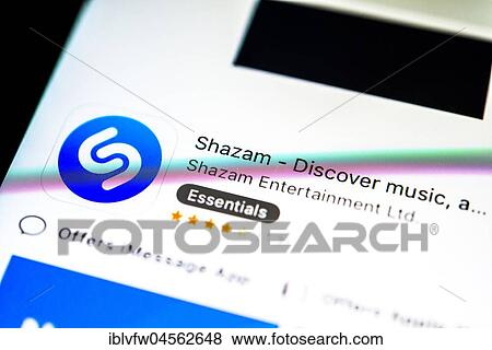 Stock Photo - Shazam in the Apple App Store, App-Icon, display on a screen of a mobile phone, iPhone, iOS, Smartphone, macro recording, detail, full size formatting. Fotosearch
