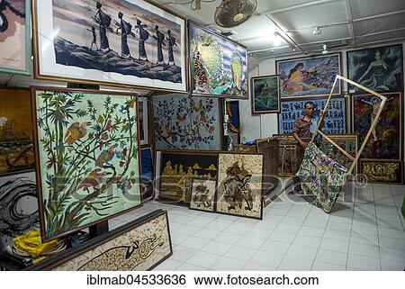 Stock Photograph - Shop with batik paintings, silk painting, Yogyakarta, Java, Indonesia, Asia. Fotosearch