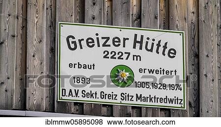 Stock Photo - Sign Greizer Hut, Berlin High Altitude Trail, Zillertal Alps, Zillertal, Tyrol, Austria, Europe. Fotosearch