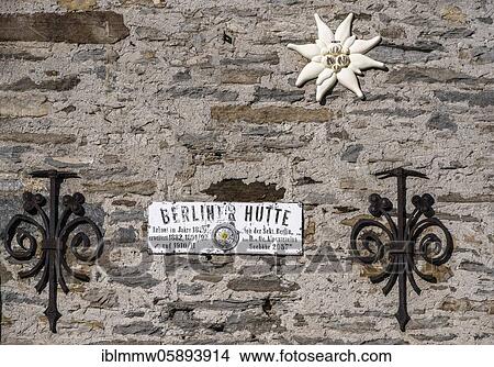 Picture - Sign of the Berliner Hütte on the Berliner Höhenweg, Zillertal Alps, Zillertal, Tyrol, Austria, Europe. Fotosearch