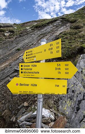 Stock Image - Signs, signposts to the Greizer Hut and Berliner Hütte, Berliner Höhenweg, Zillertaler Alps, Zillertal, Tyrol, Austria, Europe. Fotosearch