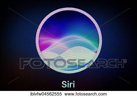 Stock Photography - Siri, Virtual Assistant, Language Wizard, Logo, Icon, Display on a screen, Apple, MacOS, iPhone, iOS, Macro recording, detail, full size. Fotosearch