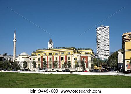 Skanderbeg Square, Et'hem Bey Mosque, Town Hall, Plaza Tirana Hotel, Tirana, Albania, Europe View Large Photo Image Stock Photo - Skanderbeg Square, Et'hem Bey Mosque, Town Hall, Plaza Tirana Hotel, Tirana, Albania, Europe. Fotosearch