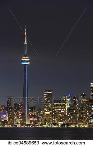 Skyline at night, Lake Ontario, CN Tower, Toronto, Ontario, Canada, North America View Large Photo Image Stock Photo - Skyline at night, Lake Ontario, CN Tower, Toronto, Ontario, Canada, North America. Fotosearch