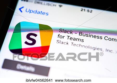 Stock Image - Slack app in the Apple App Store, app icon, display on a screen of a mobile phone, iPhone, iOS, smartphone, macro recording, detail, full format. Fotosearch