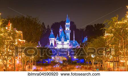 Stock Image - Sleeping Beauty Castle by night, Disneyland Park, Disneyland Resort, Anaheim, California, USA, North America. Fotosearch