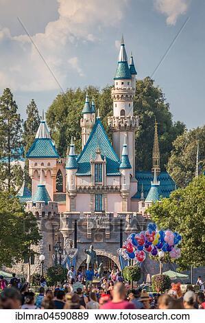 Stock Photo - Sleeping Beauty Castle, front crowd, Disneyland Park, Disneyland Resort, Anaheim, California, USA, North America. Fotosearch