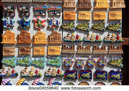 Stock Image - Small magnet boards as a souvenir, country-specific motifs, excavation site Selinunte, Sicily, Italy, Europe. Fotosearch