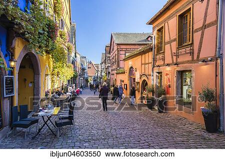 Small street with gastronomy, Riquewihr, Alsatian Wine Route, Alsace, Département Haut-Rhin, France, Europe View Large Photo Image Stock Image - Small street with gastronomy, Riquewihr, Alsatian Wine Route, Alsace, Département Haut-Rhin, France, Europe. Fotosearch