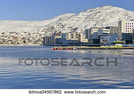 Snow-white bay with residential buildings, Hammerfest, Finnmark, Norway, Europe View Large Photo Image Stock Image - Snow-white bay with residential buildings, Hammerfest, Finnmark, Norway, Europe. Fotosearch