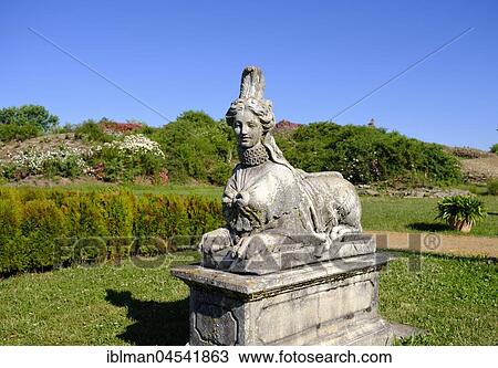 Stock Image - Sphinx, palace gardens Dennenlohe, Dennenlohe near Unterschwaningen, Franconian Lake District, Middle Franconia, Franconia, Bavaria, Germany, Europe. Fotosearch