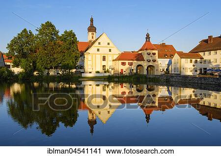 Stock Image - Spitalweiher, gate tower and former hospital, Allersberg, Franconian Lake District, Middle Franconia, Franconia, Bavaria, Germany, Europe. Fotosearch