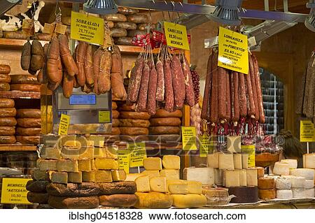 Stock Photo - Stall with sausages and cheeses, Mercat de l'Olivar, Palma de Majorca, Spain, Europe. Fotosearch