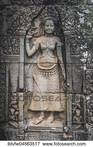 Stone relief of a divine dancer, apsaras, detail, ruined temple, Bayon Temple, Angkor Thom Complex, Angkor Archaeological Park, province Siem Reap, Cambodia, Asia View Large Photo Image Stock Photo - Stone relief of a divine dancer, apsaras, detail, ruined temple, Bayon Temple, Angkor Thom Complex, Angkor Archaeological Park, province Siem Reap, Cambodia, Asia. Fotosearch