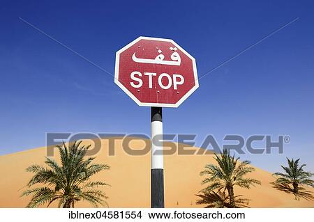 Picture - Stop sign in the sand dunes in front of Qasr-al-Sarab Hotel, Liwa Desert, Abu Dhabi, United Arab Emirates, Asia. Fotosearch