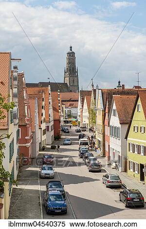 Stock Photography - Street, St. George's Church, Daniel, Nördlingen, Bavaria, Germany, Europe. Fotosearch