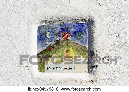 Stock Photo - Stromboli volcano as motif on house sign, Stromboli Island, Lipari Islands, Italy, Europe. Fotosearch