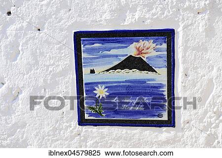 Stromboli volcano as motif on house sign, Stromboli Island, Lipari Islands, Italy, Europe View Large Photo Image Stock Photography - Stromboli volcano as motif on house sign, Stromboli Island, Lipari Islands, Italy, Europe. Fotosearch
