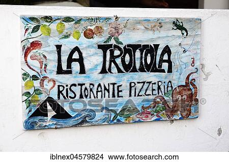 Picture - Stromboli volcano as motif on pizzeria advertising sign, Stromboli Island, Lipari Islands, Italy, Europe. Fotosearch