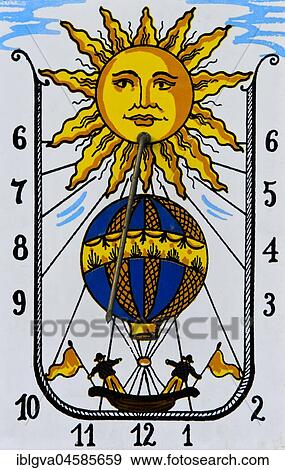 Sundial with sun and hot air balloon, Rivaz, Vaud, Switzerland, Europe View Large Photo Image Stock Photo - Sundial with sun and hot air balloon, Rivaz, Vaud, Switzerland, Europe. Fotosearch