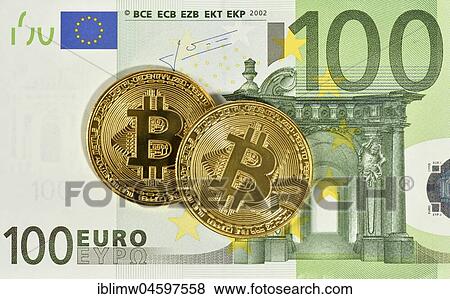 Stock Photo - Symbol image digital currency, gold physical coin Bitcoin in front of 100 EURO banknote. Fotosearch