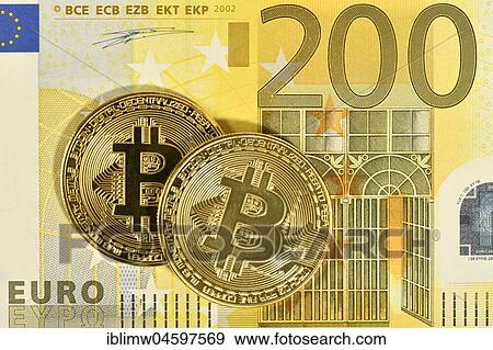 Symbol image digital currency, gold physical coin Bitcoin in front of 200 EURO banknote View Large Photo Image Stock Photo - Symbol image digital currency, gold physical coin Bitcoin in front of 200 EURO banknote. Fotosearch