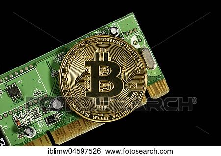 Symbol image digital currency, gold physical coin Bitcoin on printed circuit board View Large Photo Image Stock Photograph - Symbol image digital currency, gold physical coin Bitcoin on printed circuit board. Fotosearch