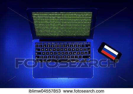 Stock Image - Symbolic image Cybercrime, computer crime, data protection, Russian flag on smartphone. Fotosearch