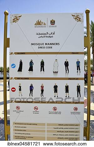 Stock Image - Table with dress code, Sheikh-Zayed-Mosque, Emirate of Abu Dhabi, United Arab Emirates, Asia. Fotosearch