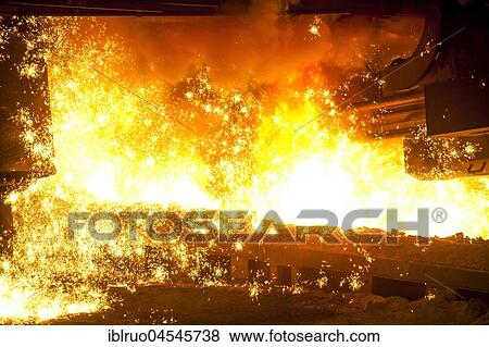 Stock Photo - Tapping at furnace 8, ThyssenKrupp ironworks, Duisburg, Ruhr area, North Rhine-Westphalia, Germany, Europe. Fotosearch