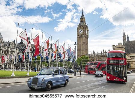 Stock Photo - Taxi and red double-decker bus, Big Ben with Westminster Palace, London, England, Great Britain. Fotosearch