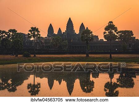 Stock Photography - Temple complex of Angkor Wat reflected in the water basin, sunrise, Angkor Wat, Angkor Archaeological Park, Siem Reap Province, Cambodia, Asia. Fotosearch