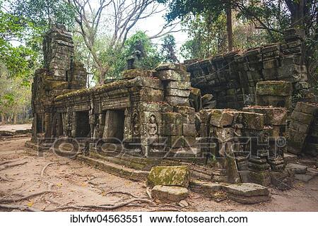 Stock Image - Temple ruins near Ta Prohm Temple, Angkor Archaeological Park, Siem Reap Province, Cambodia, Asia. Fotosearch