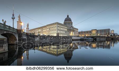 Stock Photograph - The Berlin Palace, 2020, Humboldt Forum with Palace Bridge and TV Tower, Berlin Mitte, Germany, Europe. Fotosearch
