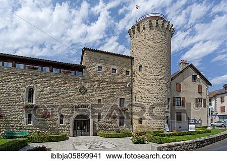 Stock Image - The tower of Bodon and the city hall, Le Malzieu Ville, Lozere, Occitanie, France, Europe. Fotosearch
