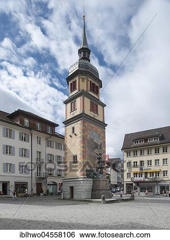 Stock Photograph - The Türmli, museum tower with Wilhelm Tell monument, market square, Altdorf, Uri, Switzerland, Europe. Fotosearch