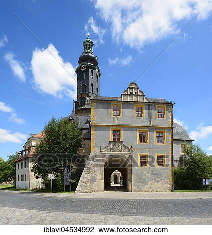 Stock Image - The Weimar city castle, also Residenzschloss, gate building Bastille and Hausmanns tower, Weimar, Thuringia, Germany, Europe. Fotosearch