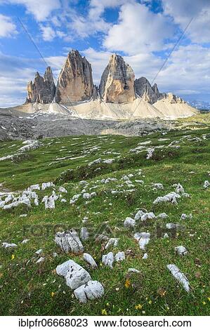 Stock Image - Three Peaks in summer, Dolomites, South Tyrol, Italy, Europe. Fotosearch