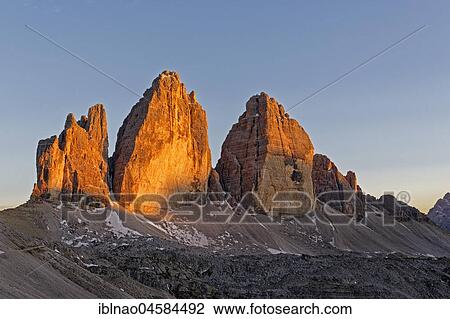 Three Peaks in the evening light, Dolomites, Sesto, South Tyrol, Region Trentino-South Tyrol, Italy, Europe View Large Photo Image Stock Image - Three Peaks in the evening light, Dolomites, Sesto, South Tyrol, Region Trentino-South Tyrol, Italy, Europe. Fotosearch