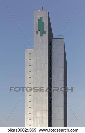 Stock Photo - Three-slice high-rise with three-slice house logo, architects Helmut Hentrich and Hubert Petschnigg, Düsseldorf, North Rhine-Westphalia, Germany, Europe. Fotosearch