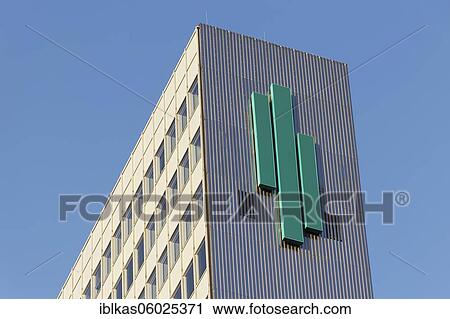 Stock Image - Three-slice house logo, three-slice tower, Düsseldorf, North Rhine-Westphalia, Germany, Europe. Fotosearch