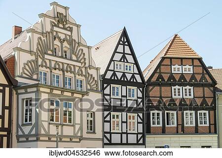 Stock Photograph - Timber framed buildings on the Kirchplatz, Perleberg, Brandenburg, Germany, Europe. Fotosearch