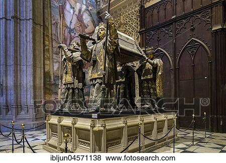 Tomb of Christopher Columbus, Cristoforo Colombo, Cristóbal Colón, Cathedral of Santa María de la Sede, UNESCO World Heritage Site, Seville, Seville, Province of Seville, Andalusia, Spain, Europe View Large Photo Image Stock Photo - Tomb of Christopher Columbus, Cristoforo Colombo, Cristóbal Colón, Cathedral of Santa María de la Sede, UNESCO World Heritage Site, Seville, Seville, Province of Seville, Andalusia, Spain, Europe. Fotosearch