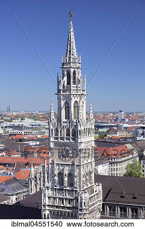 Stock Image - Tower, New Town Hall at Marienplatz, Munich, Oberbayern, Germany, Europe. Fotosearch