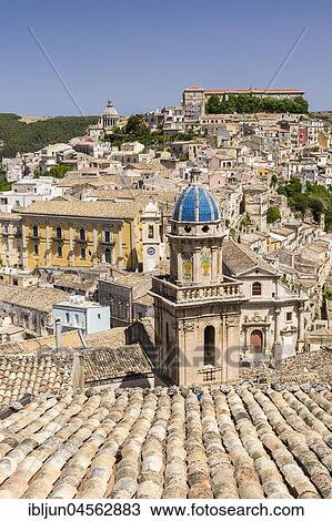 Stock Image - Tower, Santa Maria dell' Itria, dome, Dom St John the Baptist Cathedral, Ragusa Ibla, Ragusa, Ragusa, UNESCO World Heritage, Val di Noto, Ragusa Province, Sizilien, Italy, Europe. Fotosearch