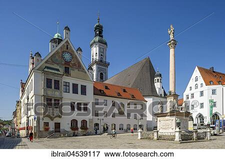 Town Hall, city parish church St. Georg, Marian Column, Marienplatz, Freising, Upper Bavaria, Bavaria, Germany, Europe View Large Photo Image Stock Photo - Town Hall, city parish church St. Georg, Marian Column, Marienplatz, Freising, Upper Bavaria, Bavaria, Germany, Europe. Fotosearch