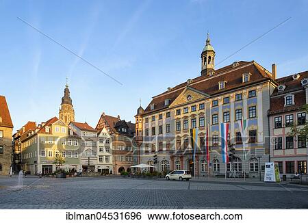 Stock Photograph - Town Hall on the market square with church St. Moritz, Coburg, Upper Franconia, Franconia, Bavaria, Germany, Europe. Fotosearch