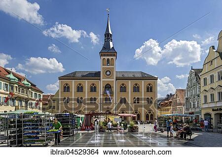 Picture - Town hall, weekly market, Lower Main Square, Pfaffenhofen, Hallertau, Upper Bavaria, Bavaria, Germany, Europe. Fotosearch