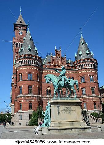Stock Photograph - Town hall with statue of Magnus Stenbock, Helsingborg, Scania, Sweden, Europe. Fotosearch